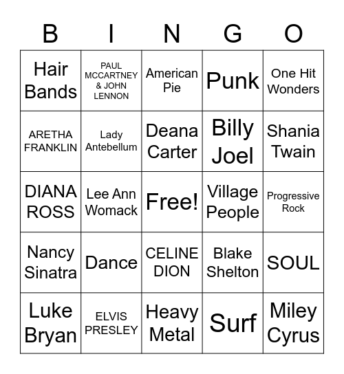 MUSIC BINGO- COUNTRY Bingo Card