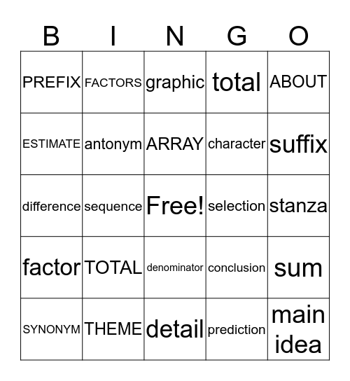 Math and Reading Bingo Card