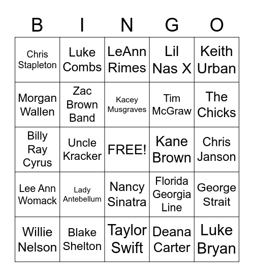 MUSIC BINGO- COUNTRY Bingo Card