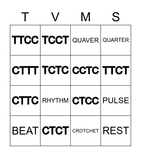 TEA COFFEE Rhythm Bingo Card