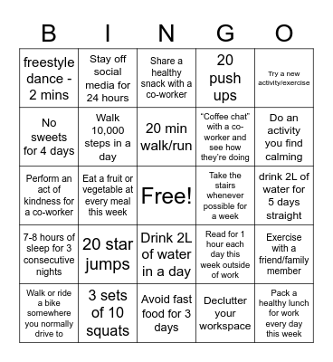 DSI Wellness Bingo Card