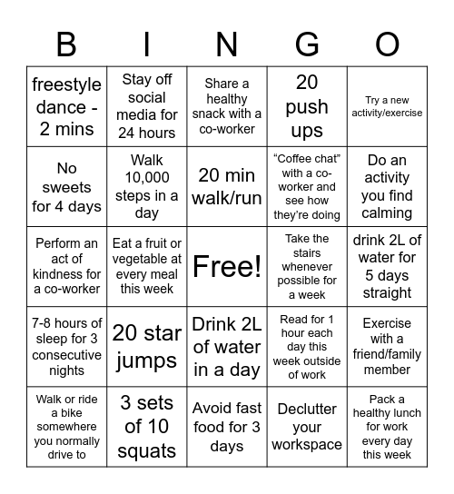 DSI Wellness Bingo Card