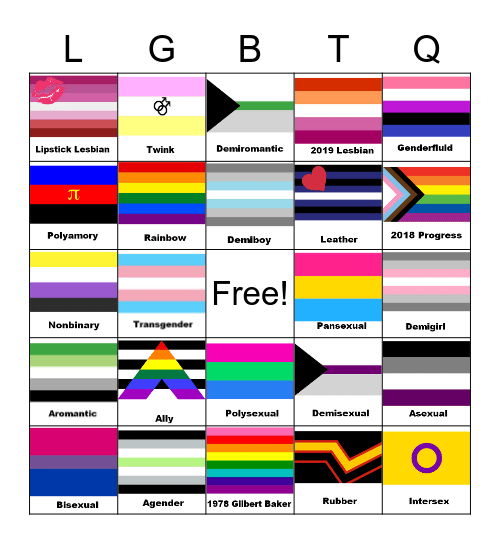 LGBTQ+ Pride Bingo Card