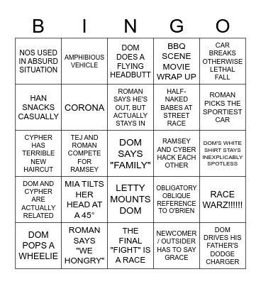FAST AND FURIOUSSSS Bingo Card