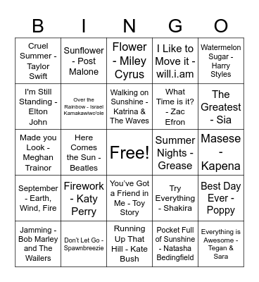 Summer Songs Bingo Card