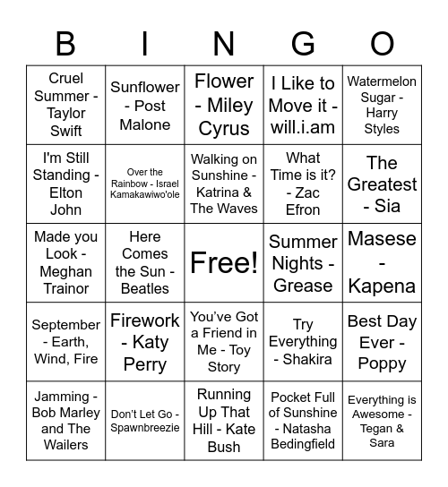 Summer Songs Bingo Card