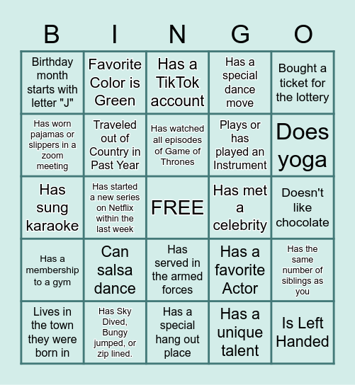 Team Ice Breaker! Bingo Card