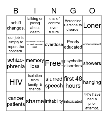 Suicide Awareness Bingo Card