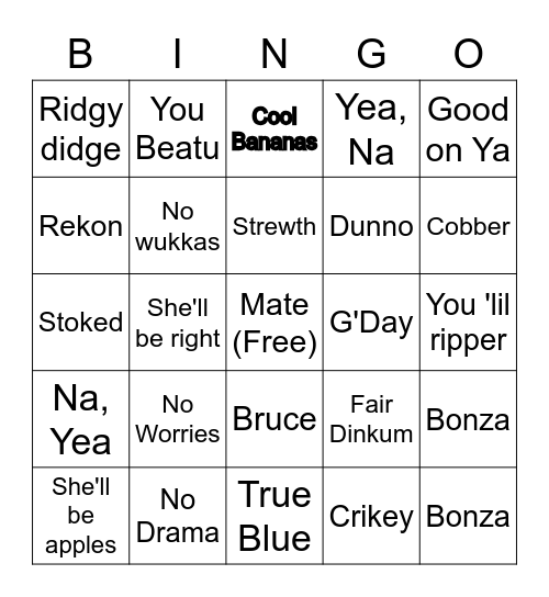 Aussie Slang Bingo Card