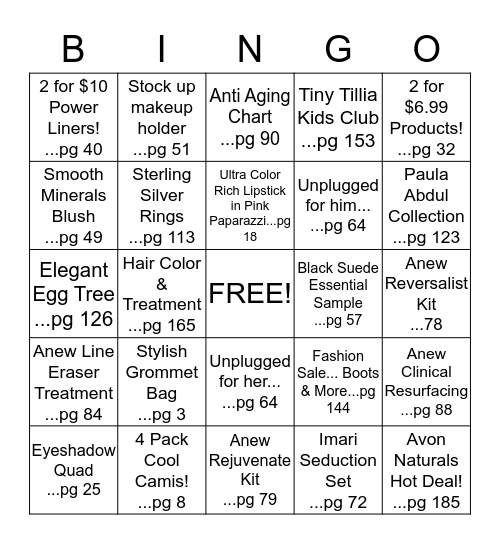 Avon Bingo Campaign 5 Bingo Card