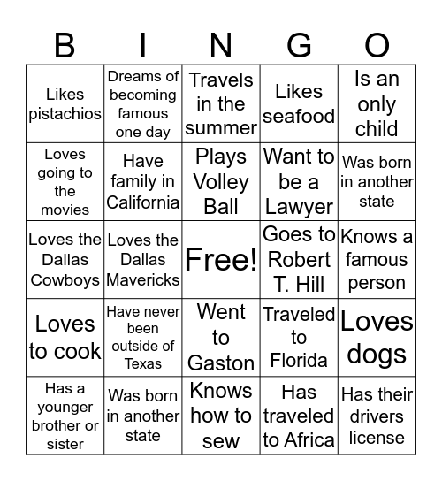 All About Me Bingo Card