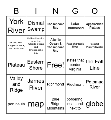 VS 2 Virginia Geography Bingo Card