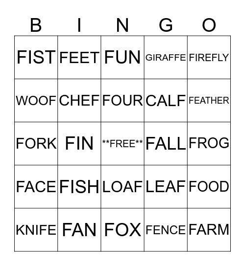 /f/ words Bingo Card