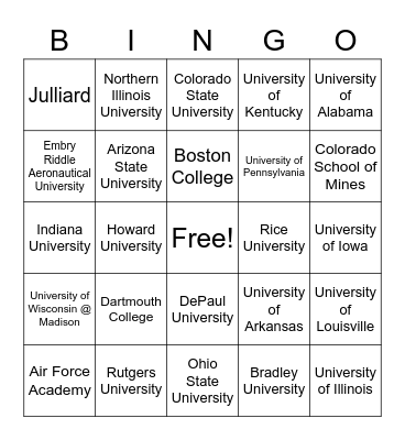 College & University Names Bingo Card