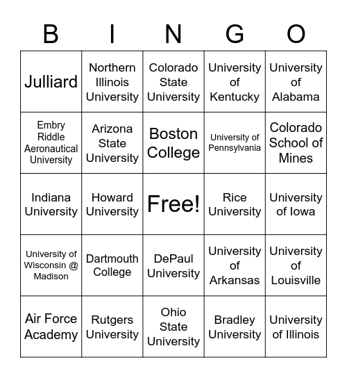 College & University Names Bingo Card