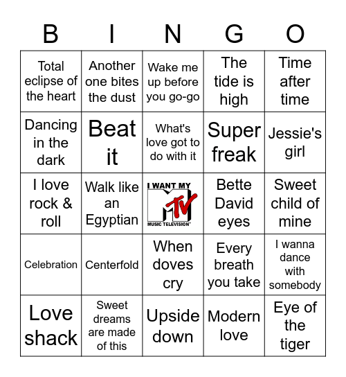 I Want My MTV Bingo Card