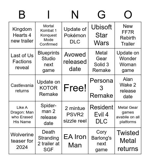 Summer Game Reveals Bingo Card