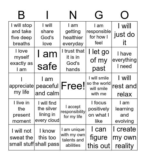 Positive Self Talk Bingo Card