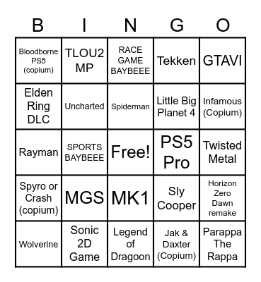 Playstation Event Bingo Card