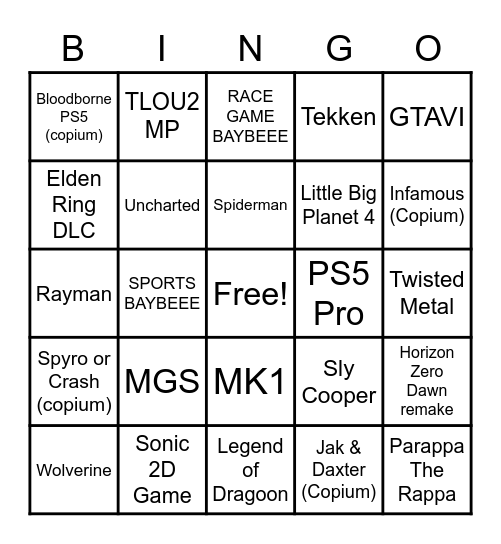 Playstation Event Bingo Card