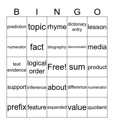 Math and Reading Bingo Card