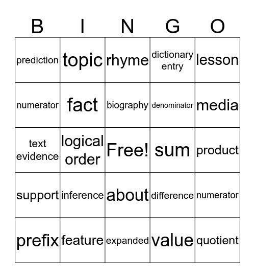 Math and Reading Bingo Card