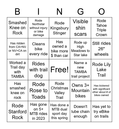 TAMBA Mountain Bike Bingo Card