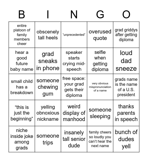 Graduation Bingo Card