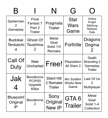 Playstation Showcase Bingo Card