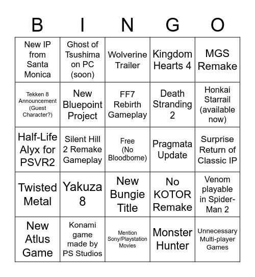 Playstation Bingo Card