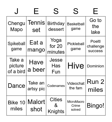 Jesse Turns 30 Bingo Card