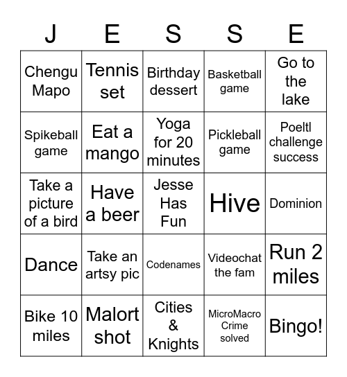 Jesse Turns 30 Bingo Card