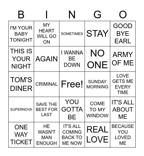 90's Ladies Bingo Card