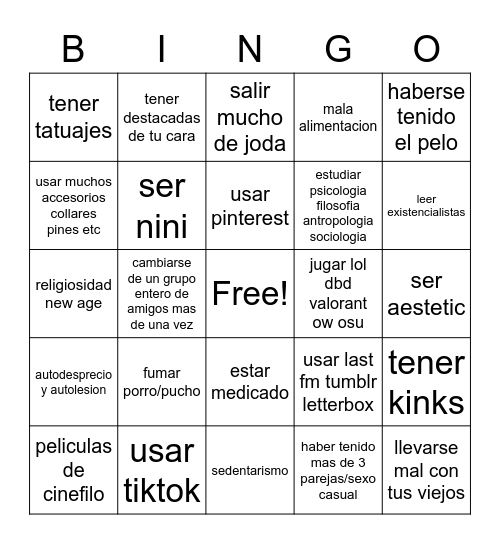 sintomas de una mente enferma Bingo Card