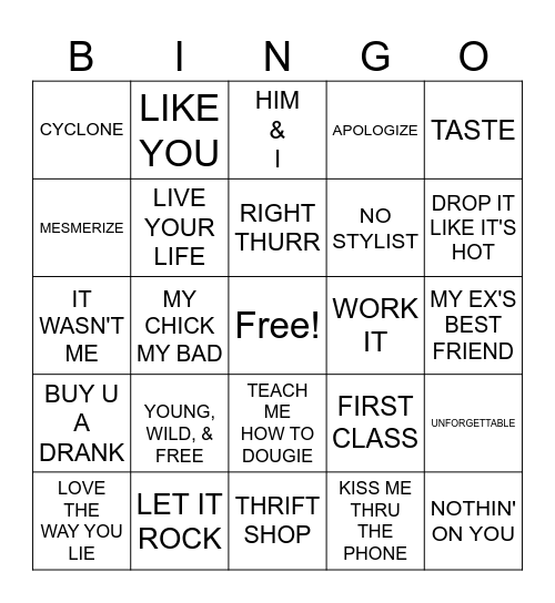 Pop Rap Bingo Card