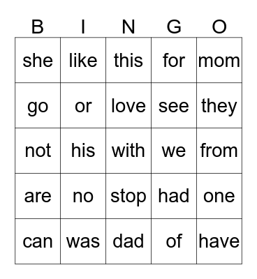 Sight Words Bingo Card
