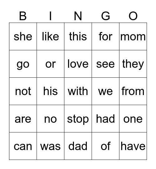 Sight Words Bingo Card