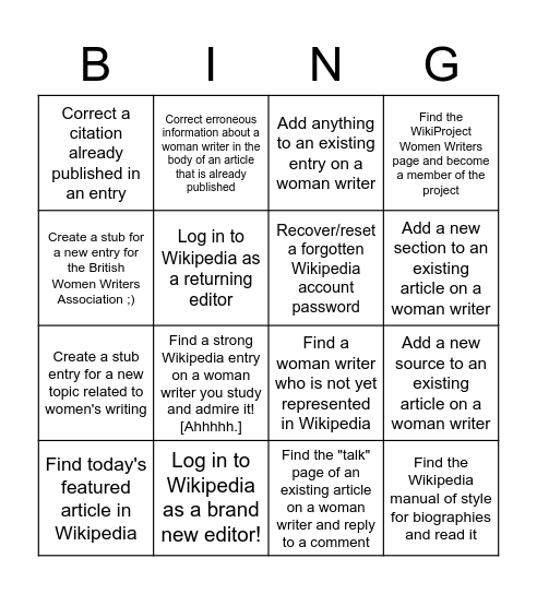 BWWC2023 Wikipedia Edit-a-thon Bingo Card