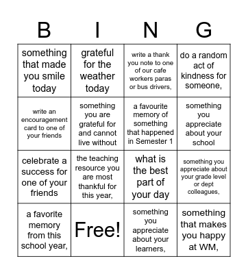 Gratitude BINGO Card