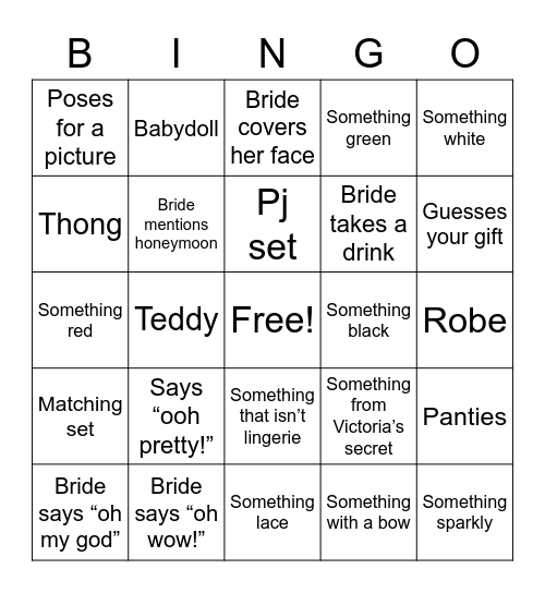 Lingerie Bingo Card