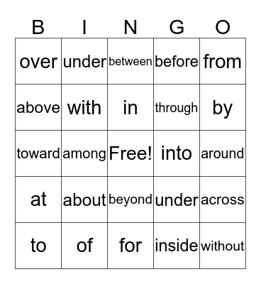 Preposition Bingo Card
