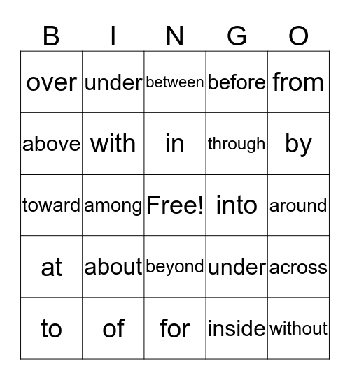 Preposition Bingo Card
