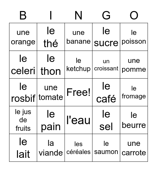 la nourriture Bingo Card