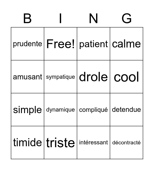 les adjectifs de caracterse Bingo Card