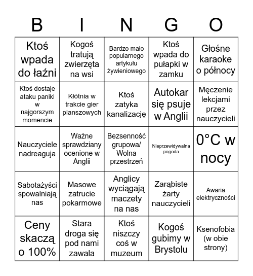 Bingo niefortunnych wydarzeń w Anglii Bingo Card