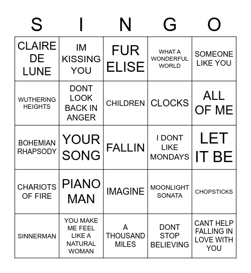 817 BEST PIANO SONGS Bingo Card