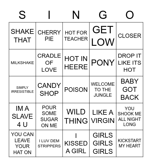 818 BEST STRIPPER SONGS Bingo Card