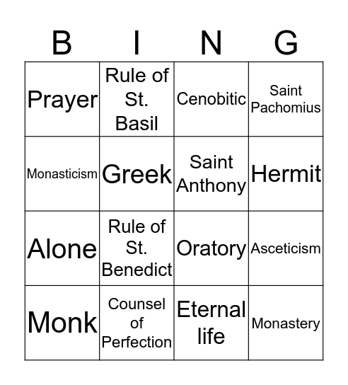 Monastic Life Bingo Card