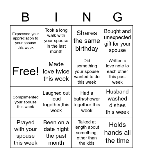 Couples Bingo Card