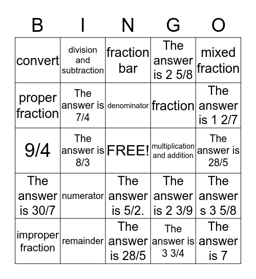 Improper and Mixed Fractions Bingo Card